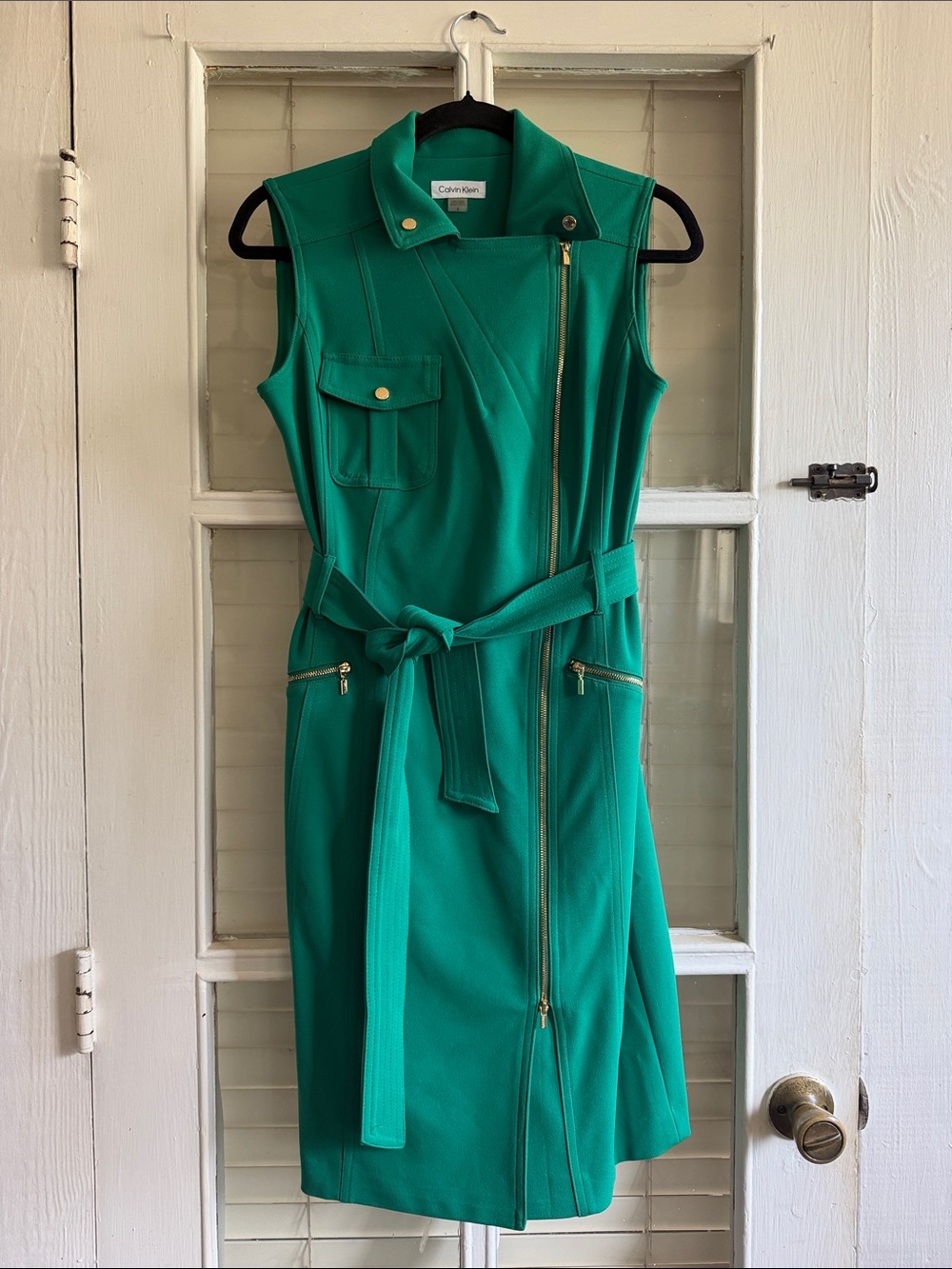 Calvin Klein Emerald Green Sleeveless Zip-Belt Dress